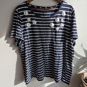 Talbots 3D Beaded Flowers Knit Top Blue White Striped Womens Size 3X Office